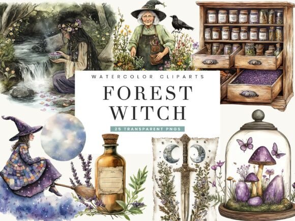 Download Watercolor Forest Witch Clipart - Witch Collection