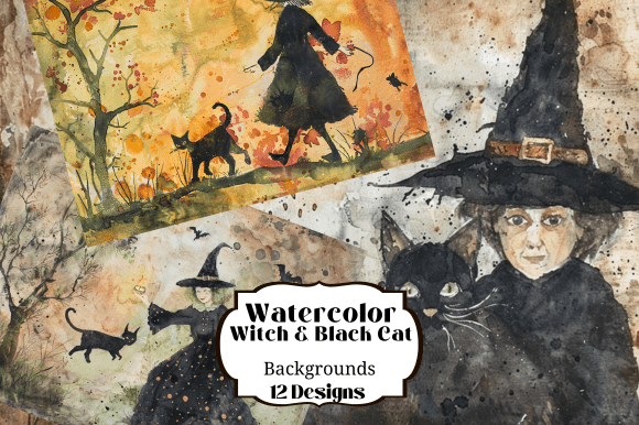 Download Watercolor Witch Black Cat Illustrations - Witch Collection