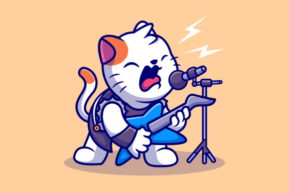 Download Cute Cat Rocker with Guitar Cartoon - Cat Collection