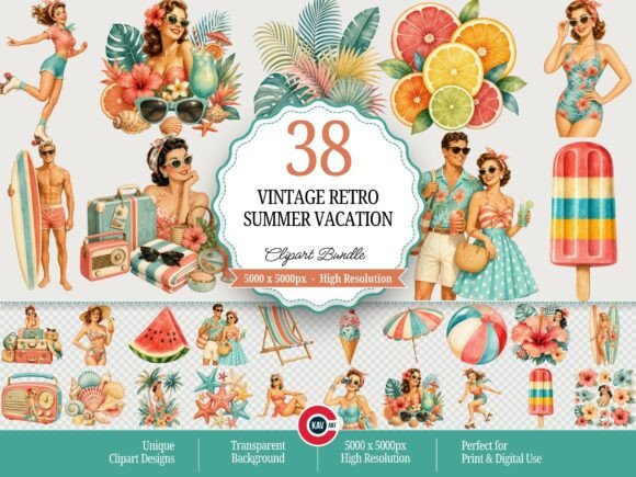 Download Vintage Retro Summer Vacation Clipart - Cat Collection