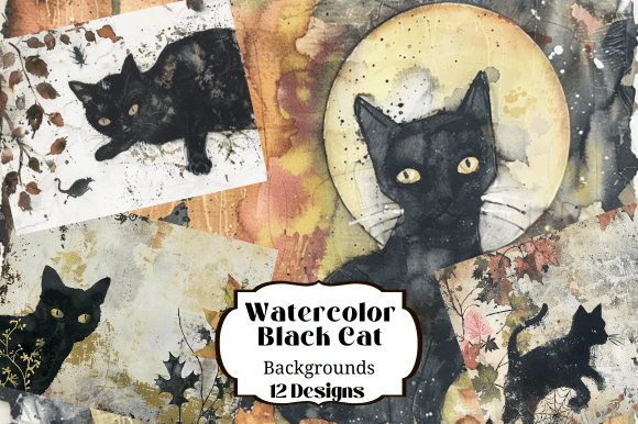 Download 12 Watercolor Black Cat Illustrations - Cat Collection