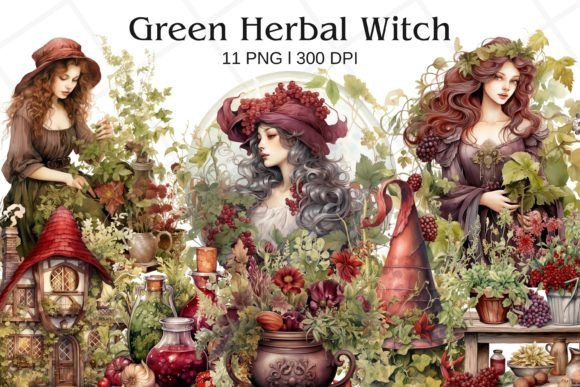 Download Green Herbal Witch Watercolor Clipart - Witch Collection